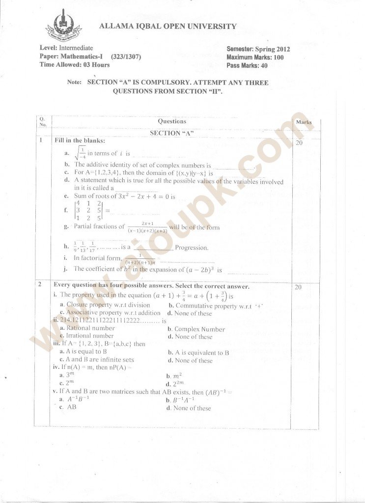 Intermediate mathematics papers of aiou university codes 323 
