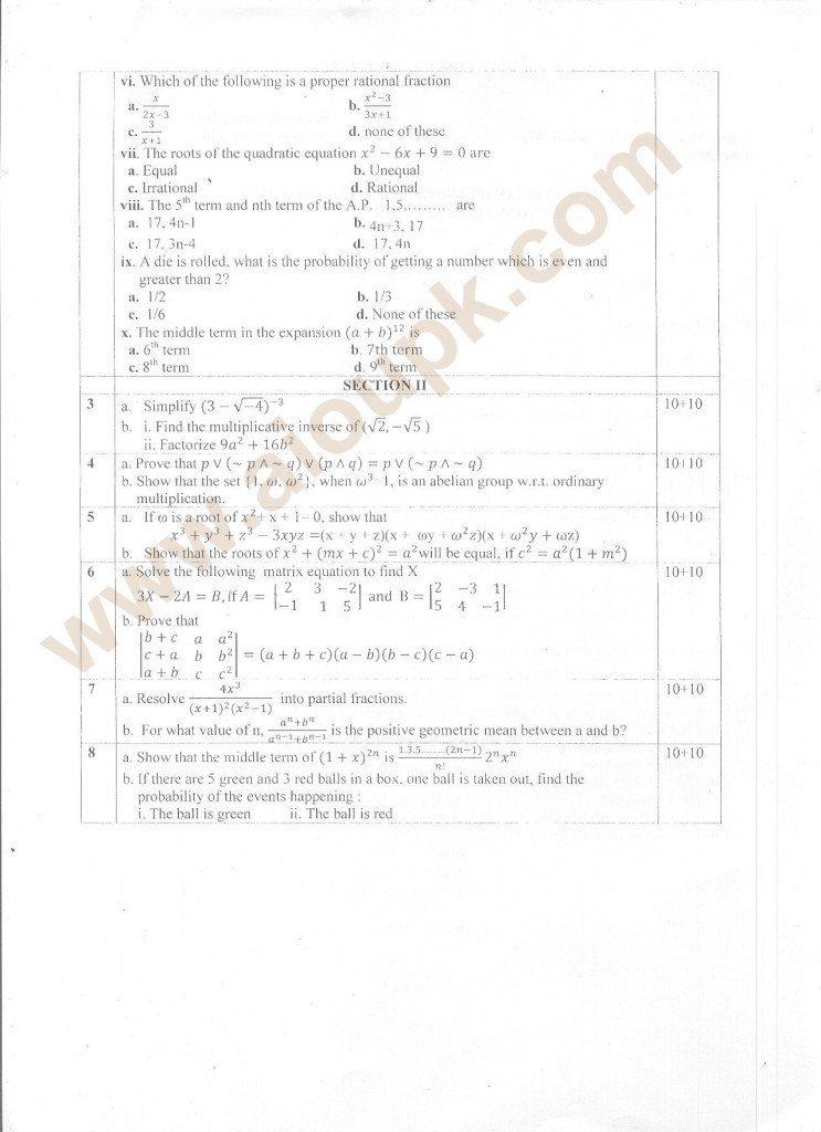 mathematics old papers of intermediate level