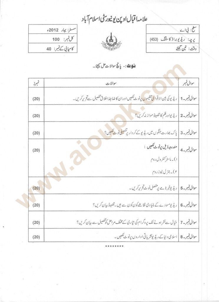 code 453 old paper of aiou