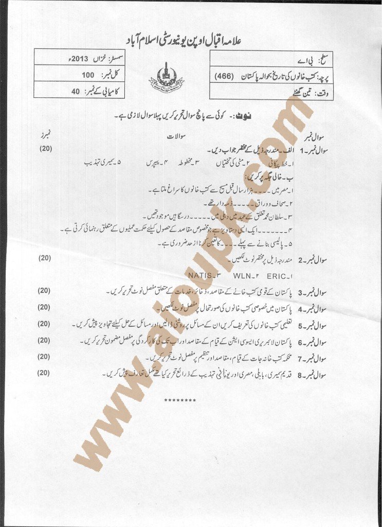 AIOU old papers code 466 History of Libraries with Reference to Pakistan 2014