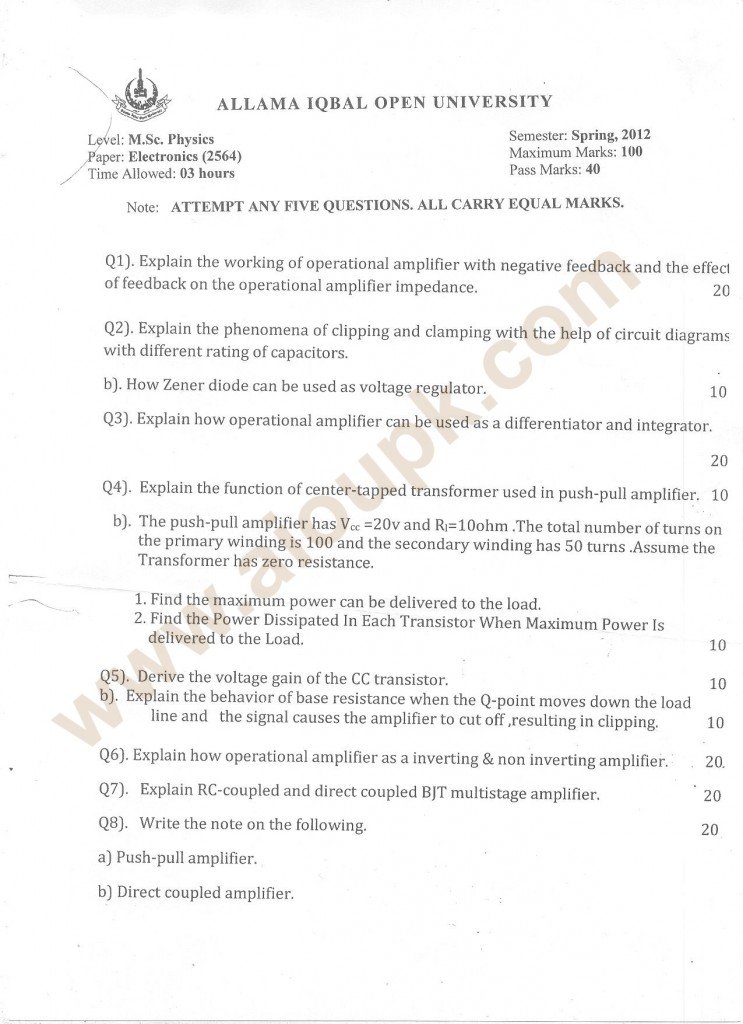 M.Sc Electronics Past paper for AIOU