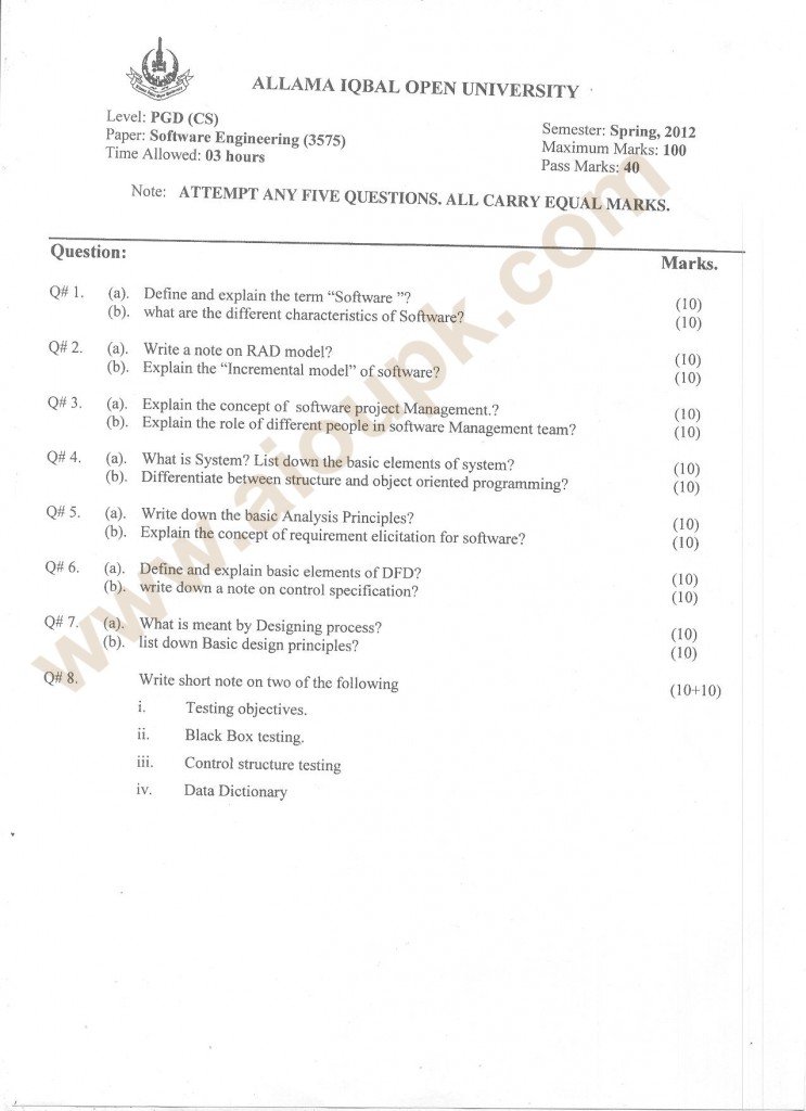 M.Sc Software Engineering past Paper