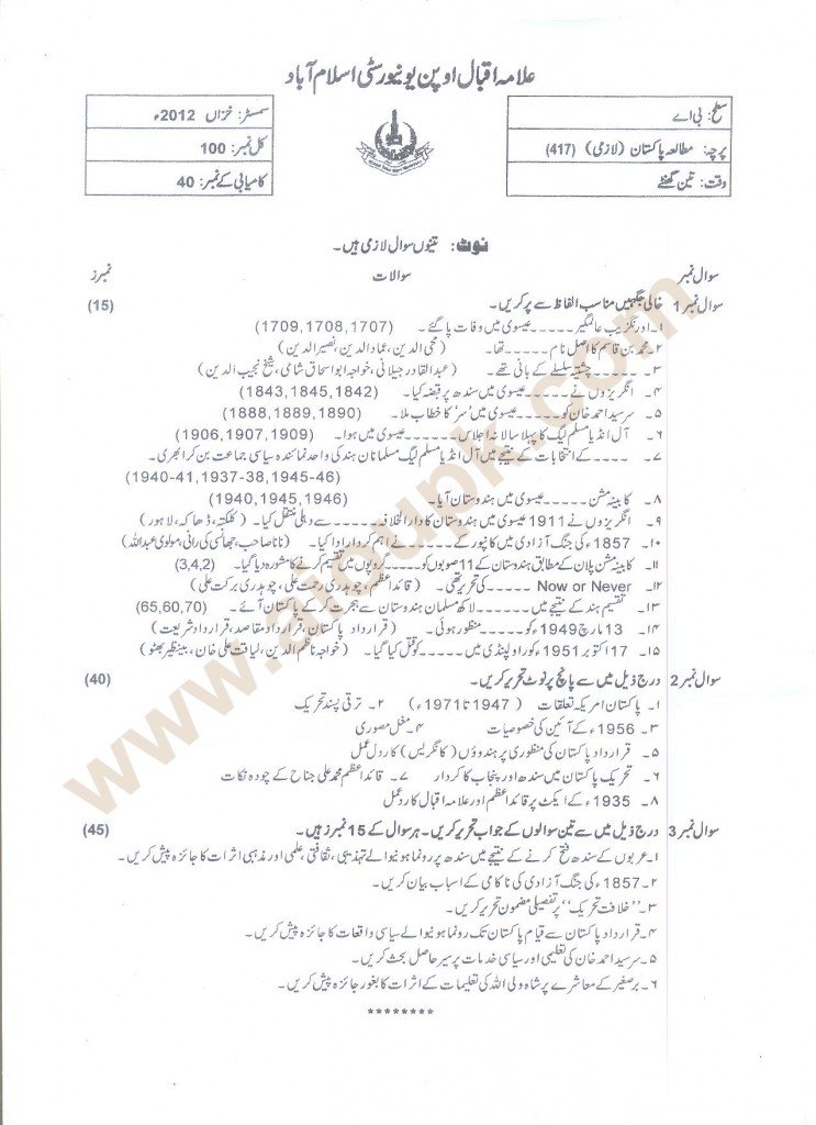 Pakistan Studies BA Code 417 Autumn 2012 Old paper AIOU