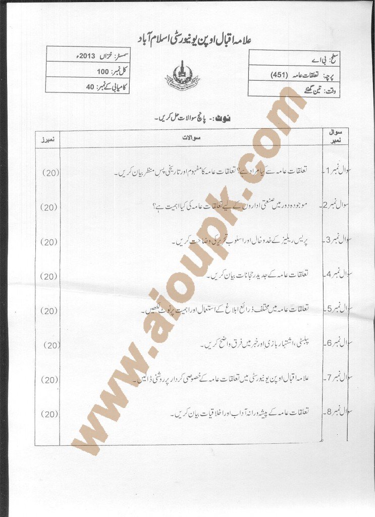 AIOU Old Paper Code 451 Public Relations 2014-15