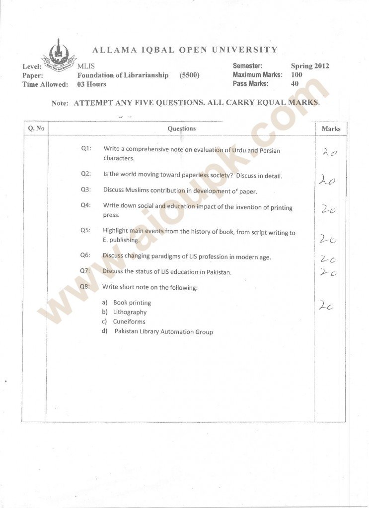 MLIS Foundation of Librarianship Past paper