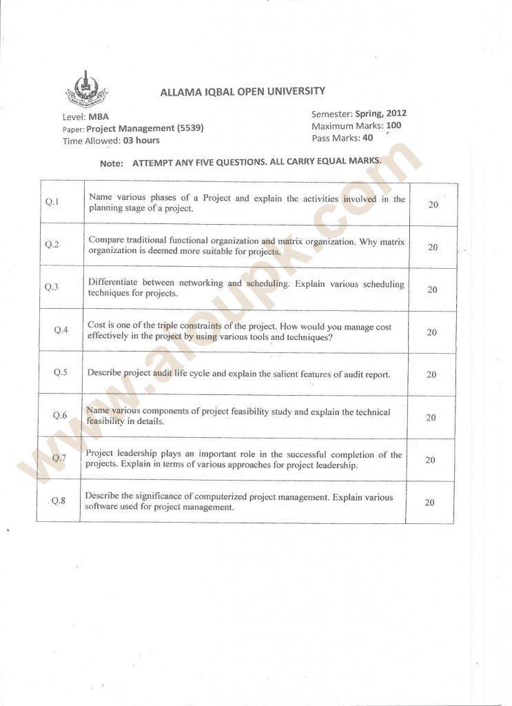 MBA Project Management Past Papers