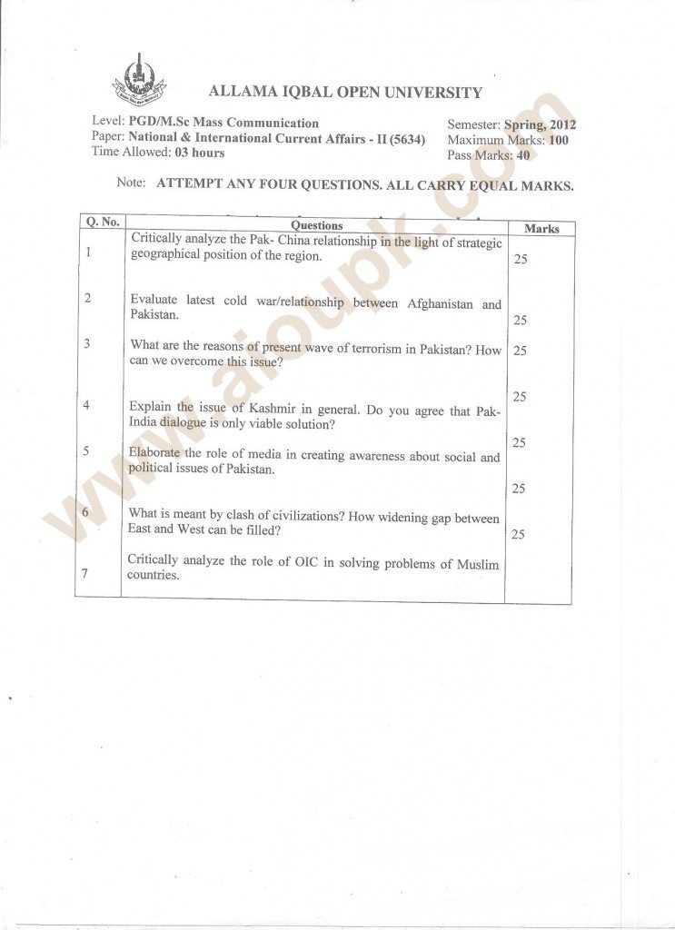 National and International Current Affairs-II Code 5634 Old Papers aiou