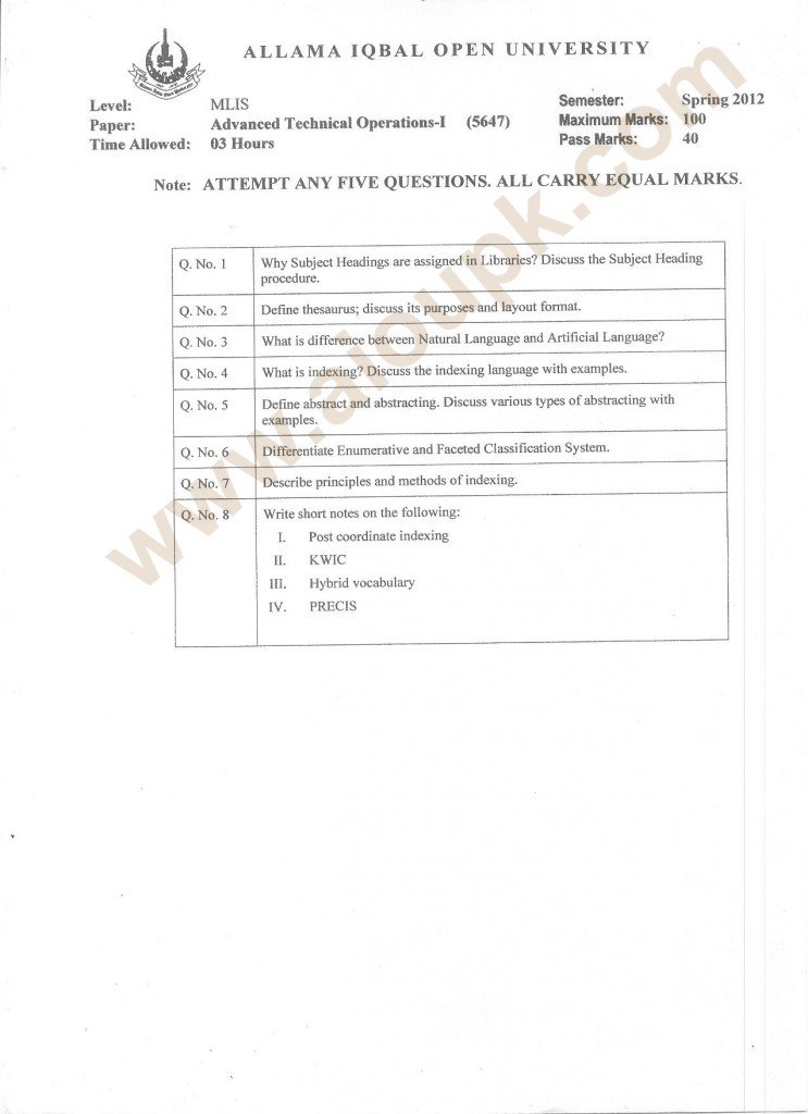 aiou MLIS papers of Advanced technical Operations-I