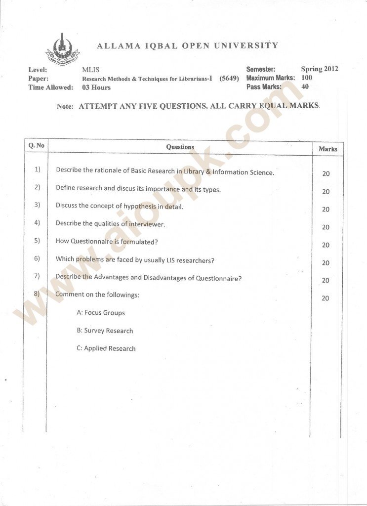 Research Methods Techniques for Librarians-I Past paper for MLIS