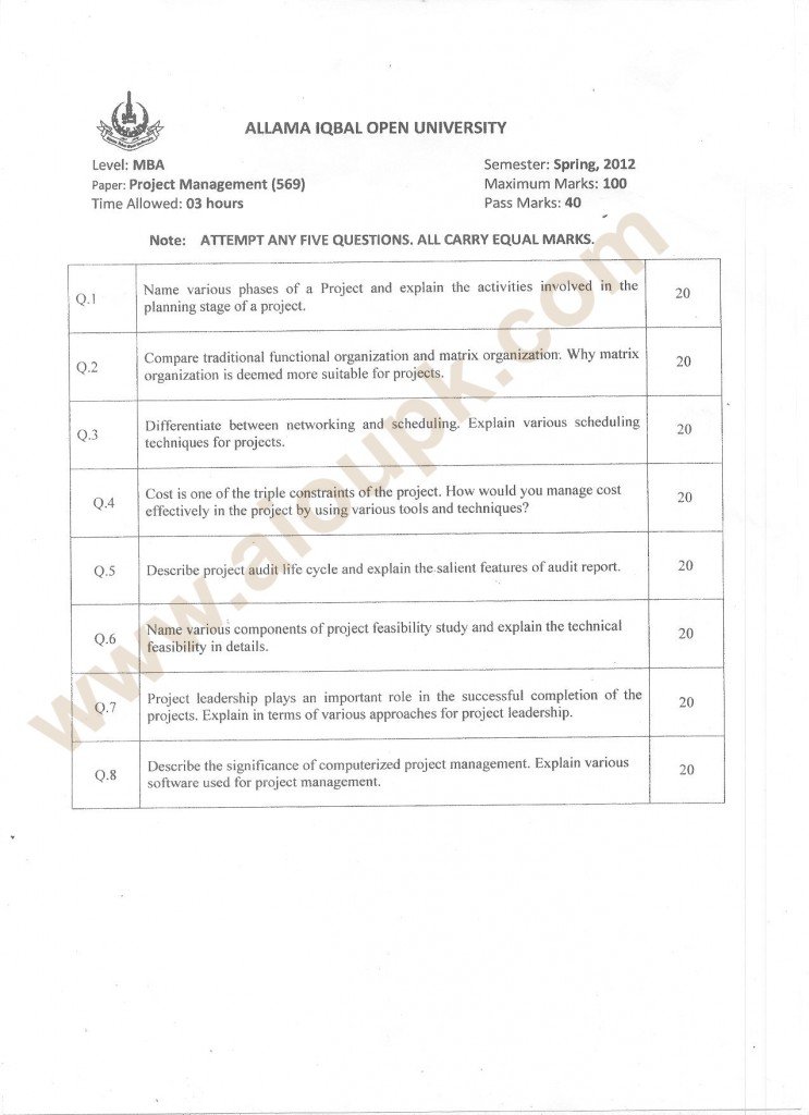 MBA Project Management Past Papers