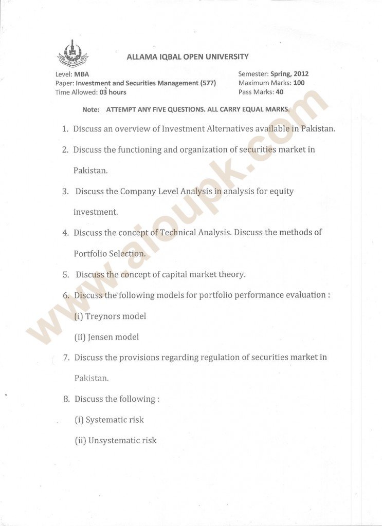 MBA Investment and Securities Management Papers