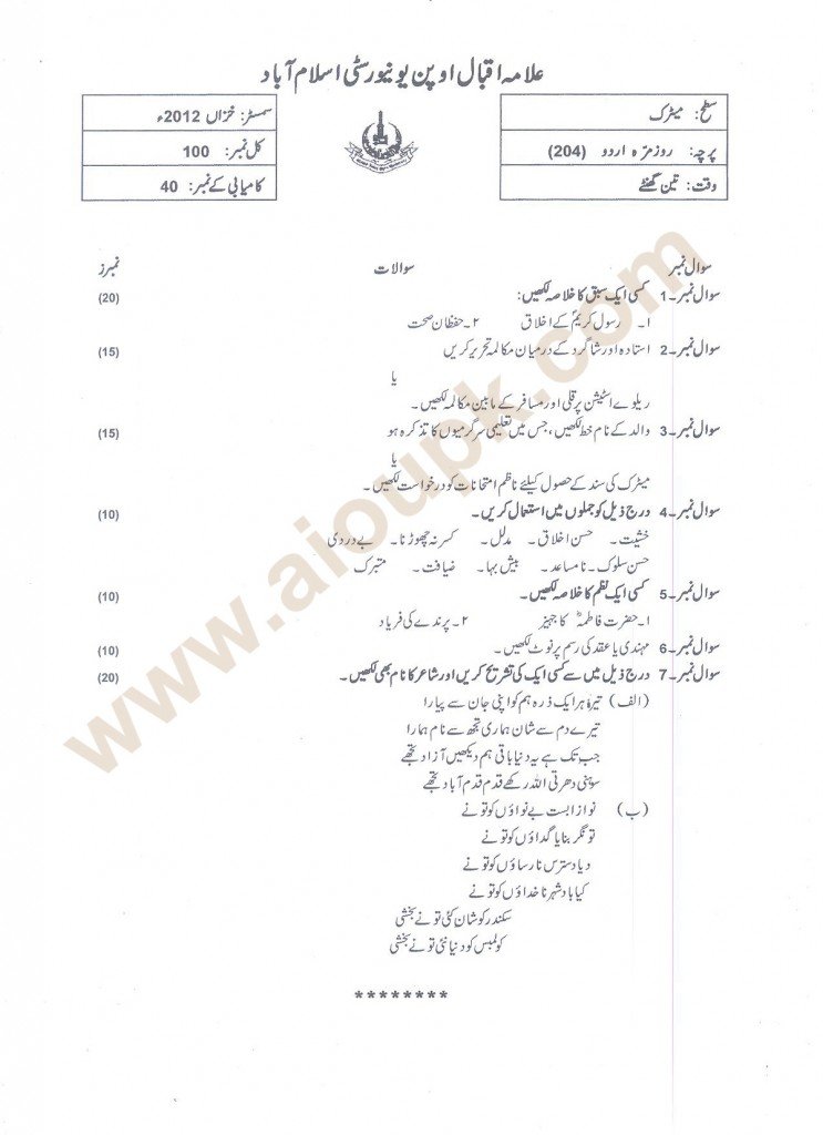 Urdu Code 204 Matric old Paper of AIOU