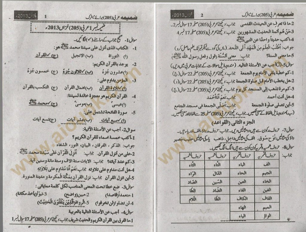 AIOu Arabic matric solved asignment and old paper 2014 code 205
