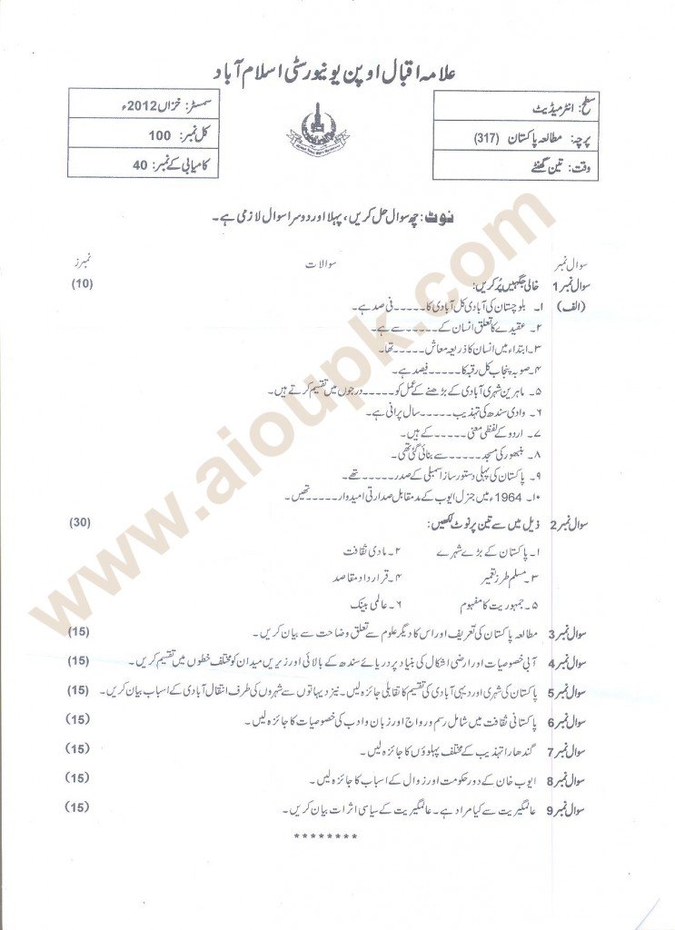 AIOU Pakistan Studies Code 314 old paper 2014