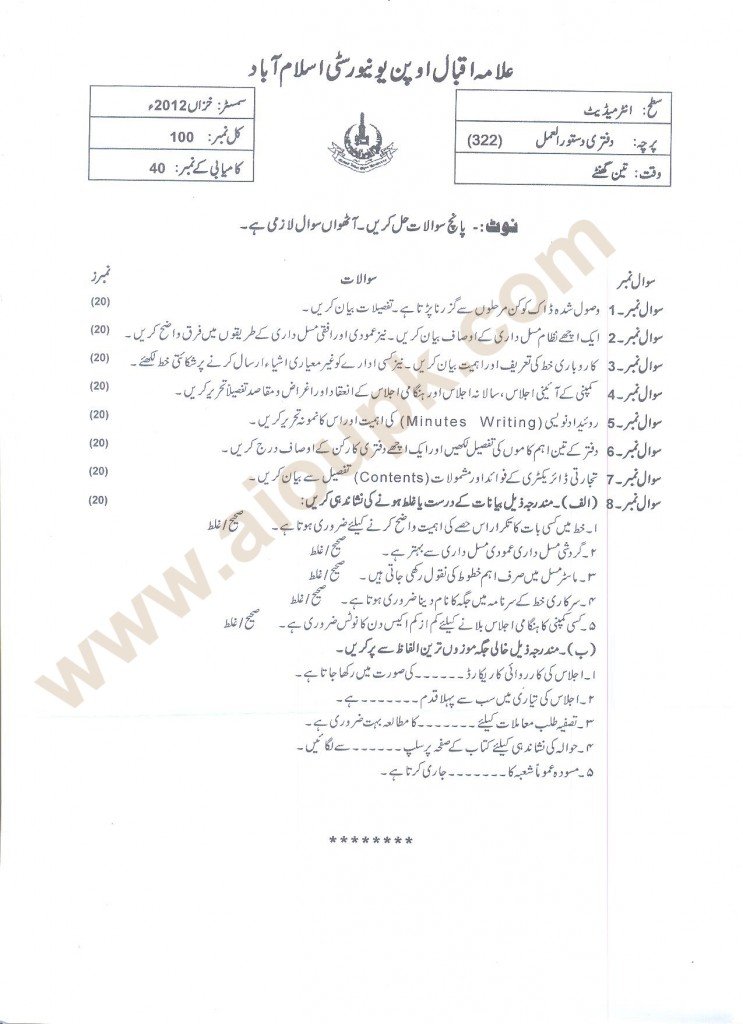 Past papers of FA aiou 
