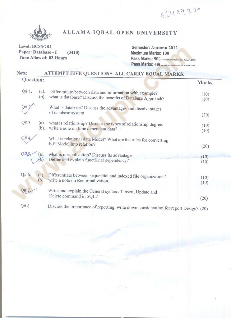 Databases-I BSCS AIOU Old Paper Autumn 2013