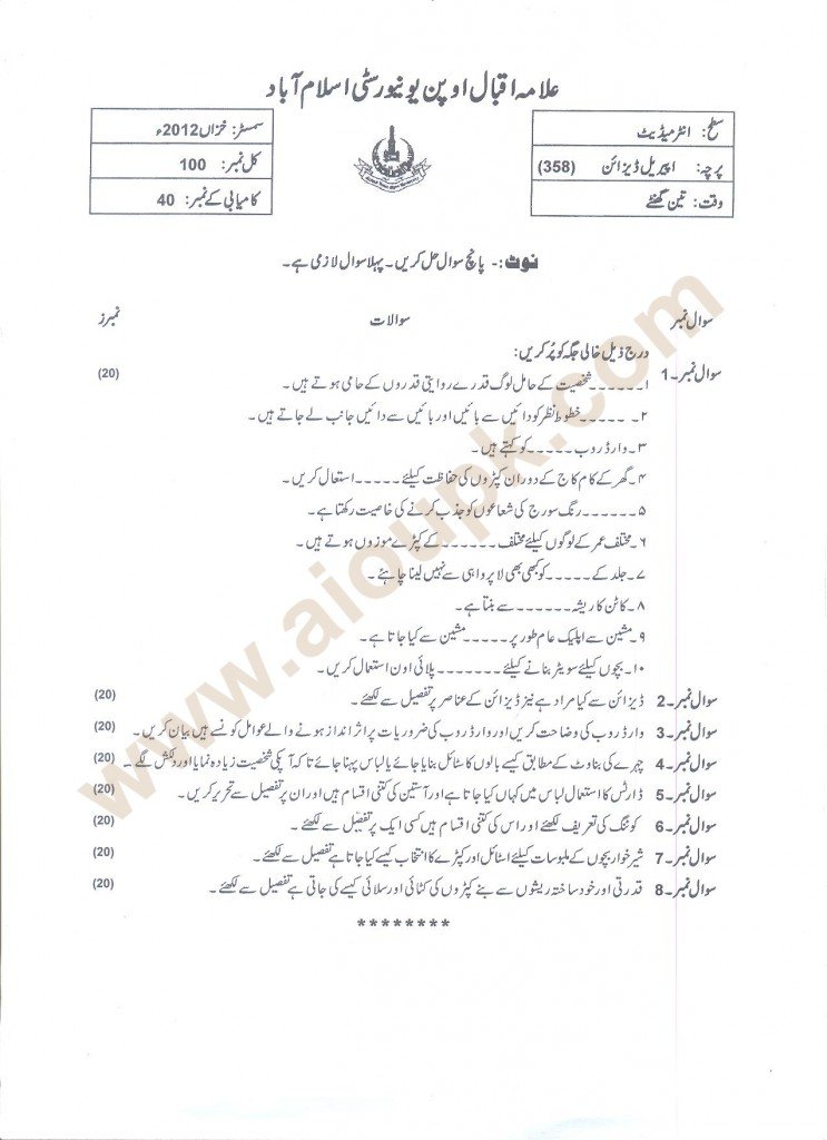 Apparel Design Code 358 AIOU Past Papers