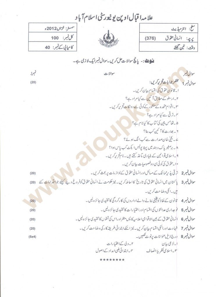 Human Rights Code 376 AIOU Old Paper