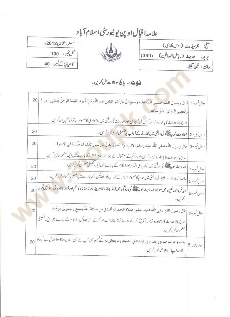 Hadith Code 390 AIOU Past Paper