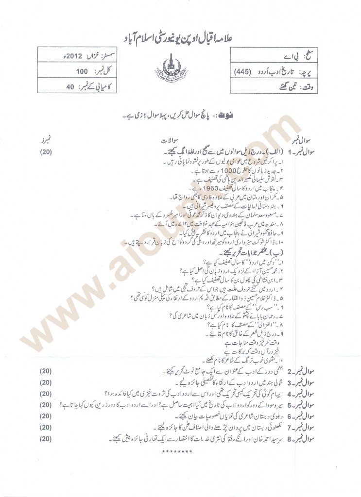 History of Urdu Literature Code 445 BA old paper of AIOU