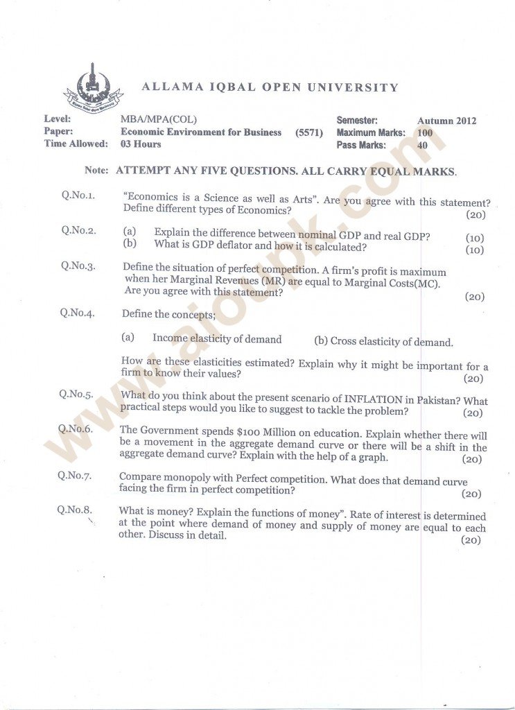Economic Environment for Business Code 5571 AIOU MBA past papers