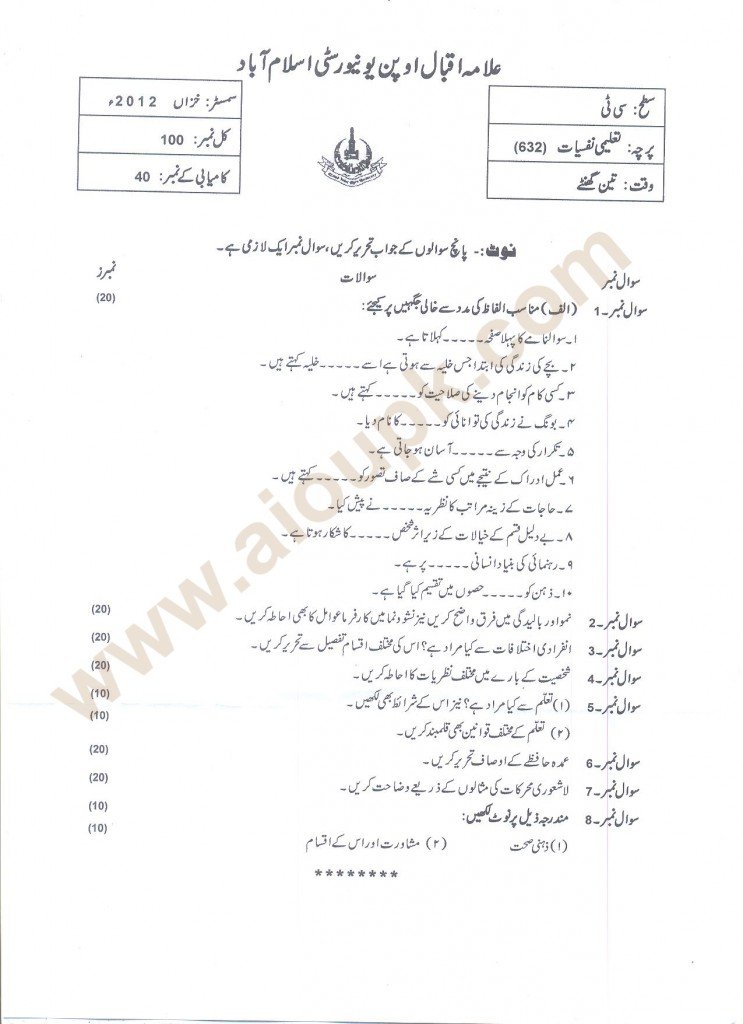 Educational Psychology Code 632 AIOU  Old Papers