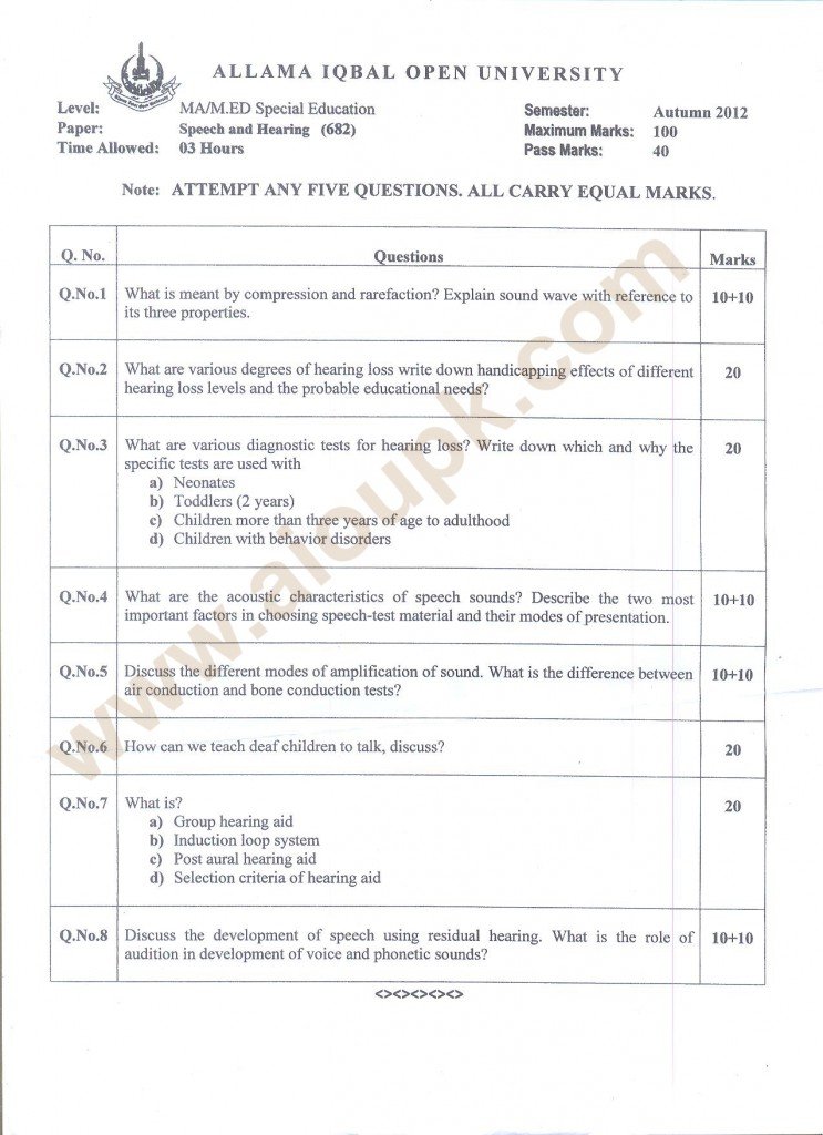 Speech and Hearing code682 past papers of aiou