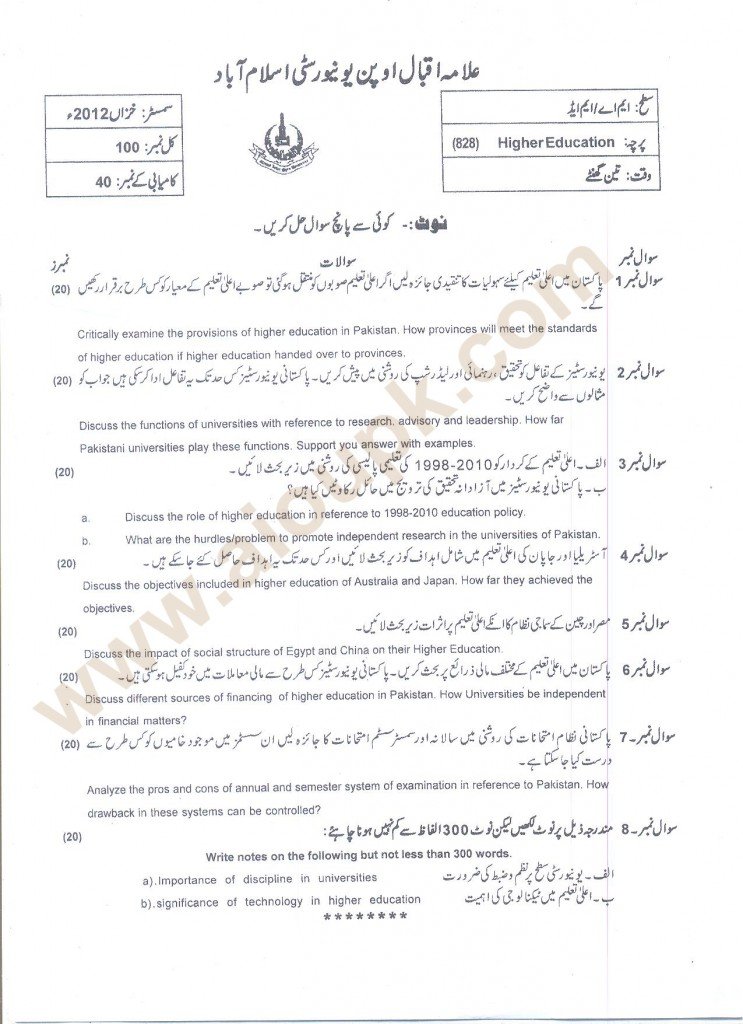 Higher Education  Code 828 AIOU Past papers