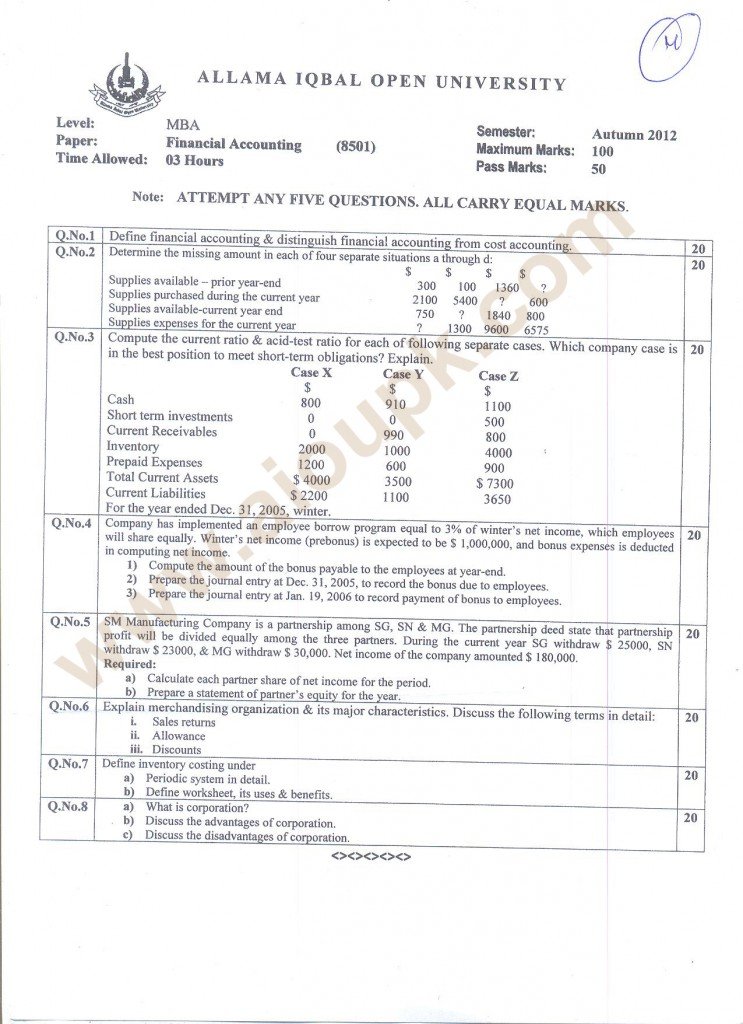 Financial Accounting Code 8501