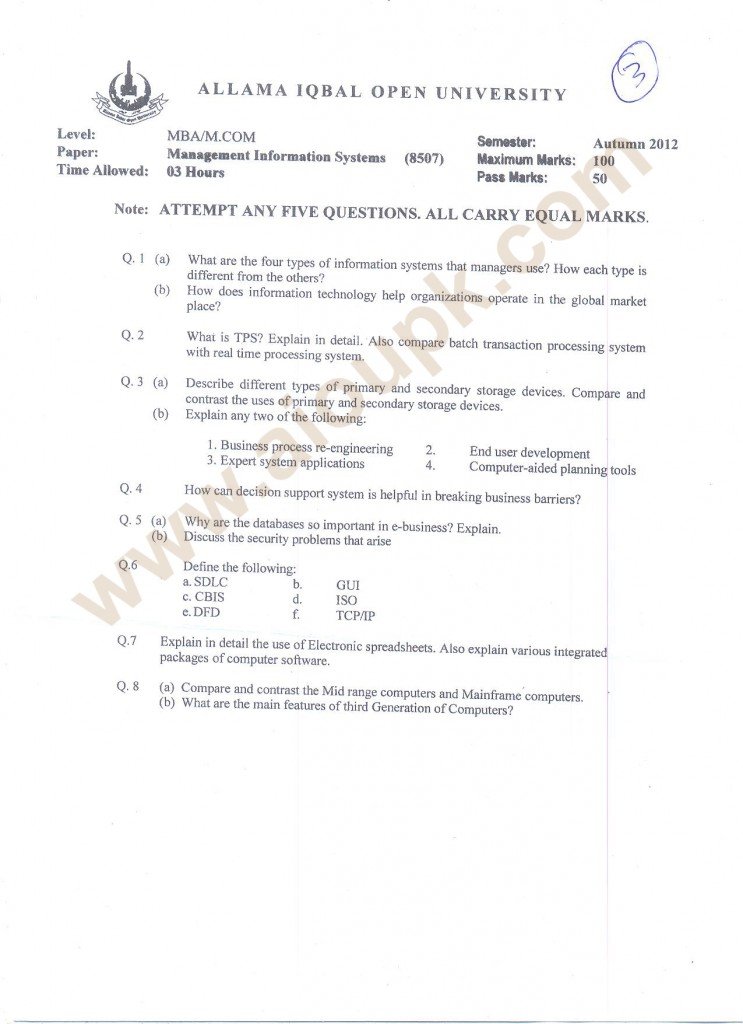 AIOU MBA past papers Management Information Systems Code 8507