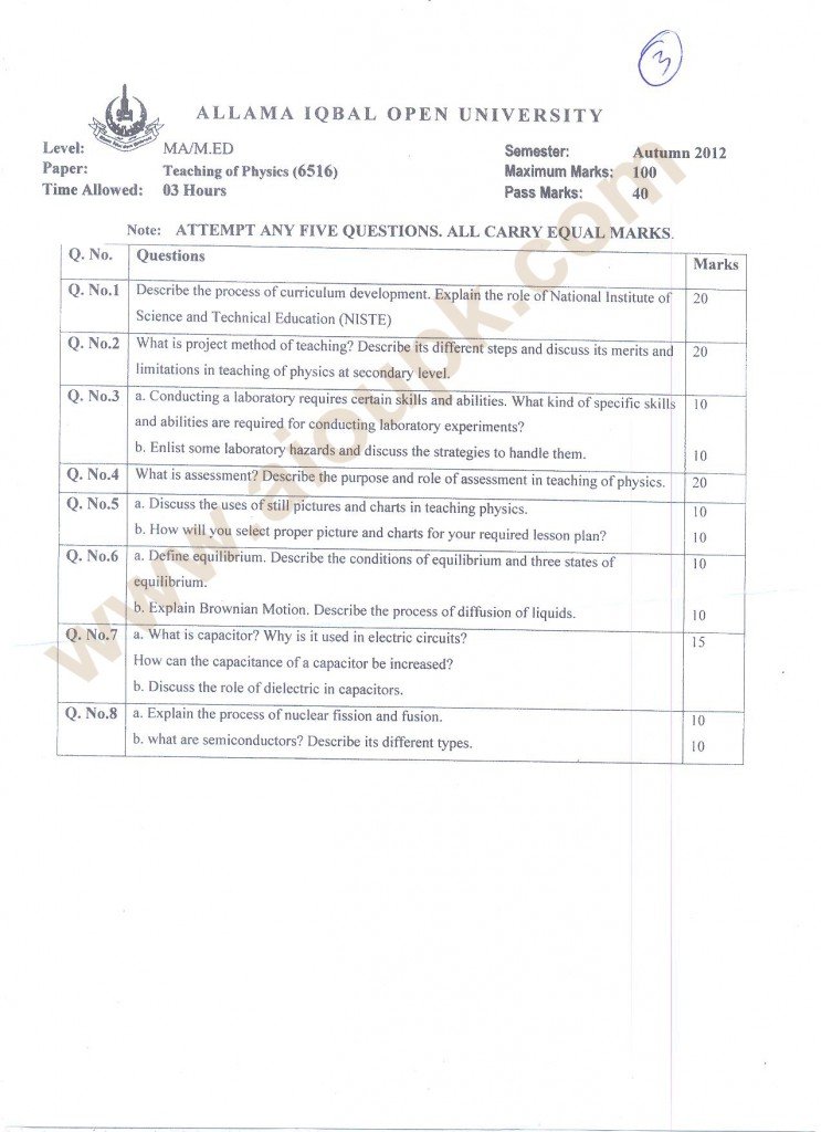 MA AIOU Past Papers Teacher Education 2014 code 6516