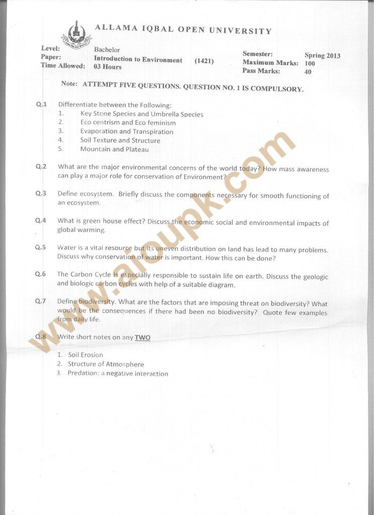 Introduction to Environment  Code 1421 AIOU Old Papers BA Spring 2013 