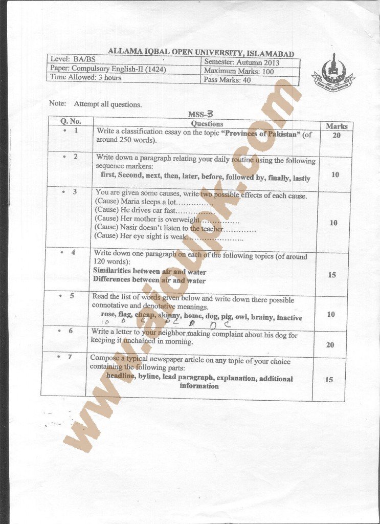 AIOU Old Paper Code 1424 Compulsory English -II