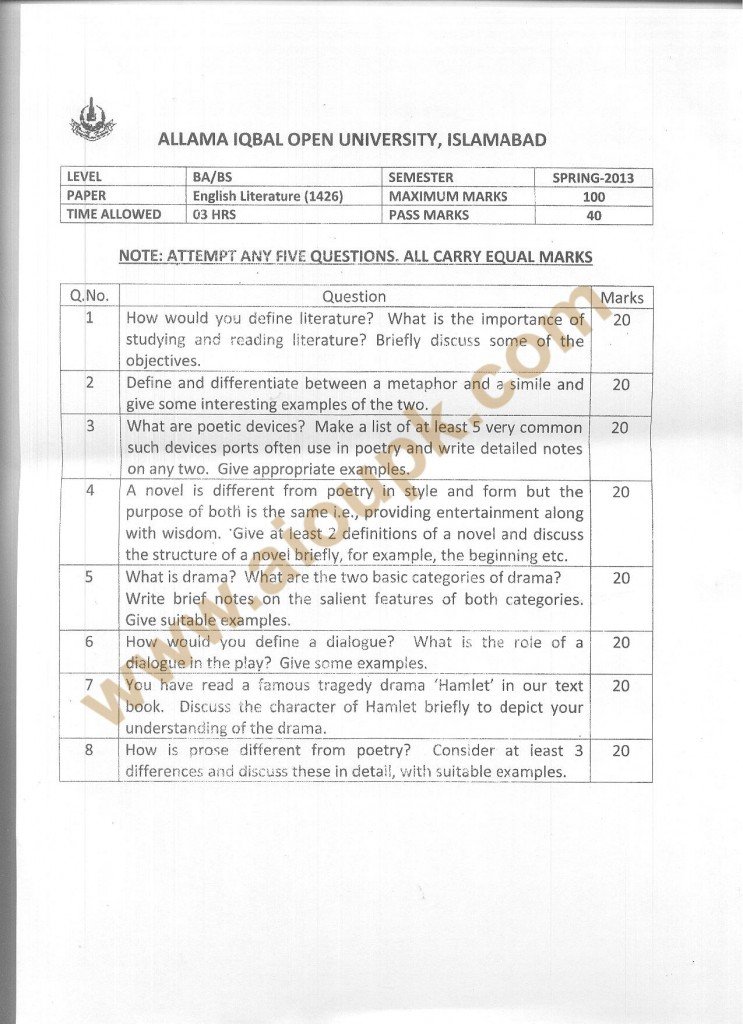 Code no 1426 AIOU Old Paper English Literature BA BS Spring 2013