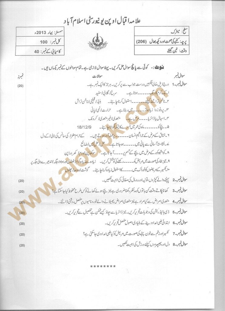Code 206 AIOU Old Paper Family Health and Care 