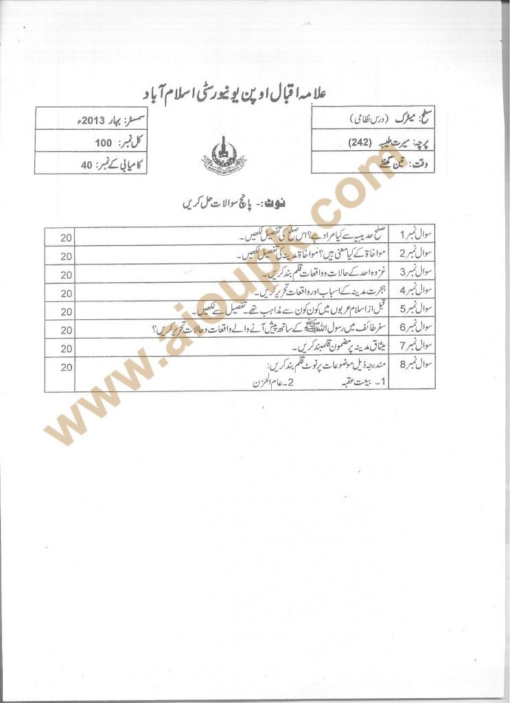 Code 242 AIOU Old Paper Seerat-e-Tayyaba Spring 2013