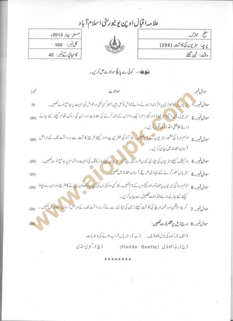 Vegetables Cultivation Code 256 past papers of Allama Iqbal open University