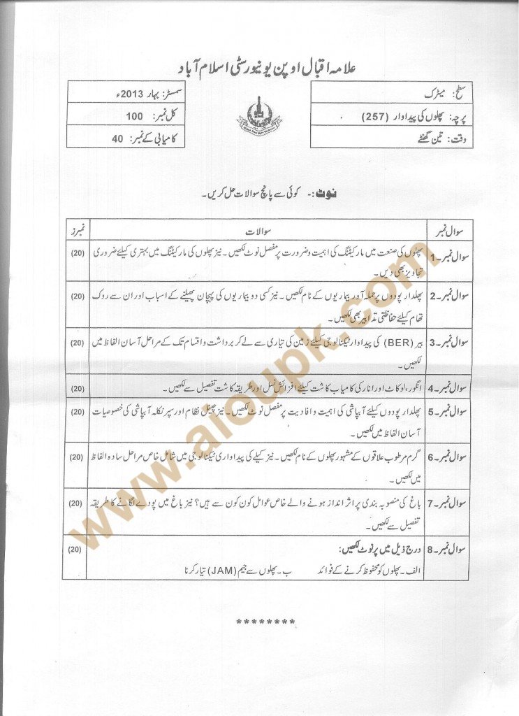 Code 257 AIOU Old Paper Fruit Production  Spring 2013