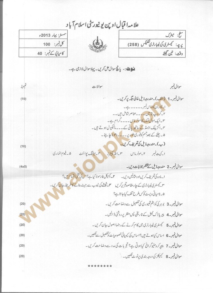 Code 258 AIOU Old Papers