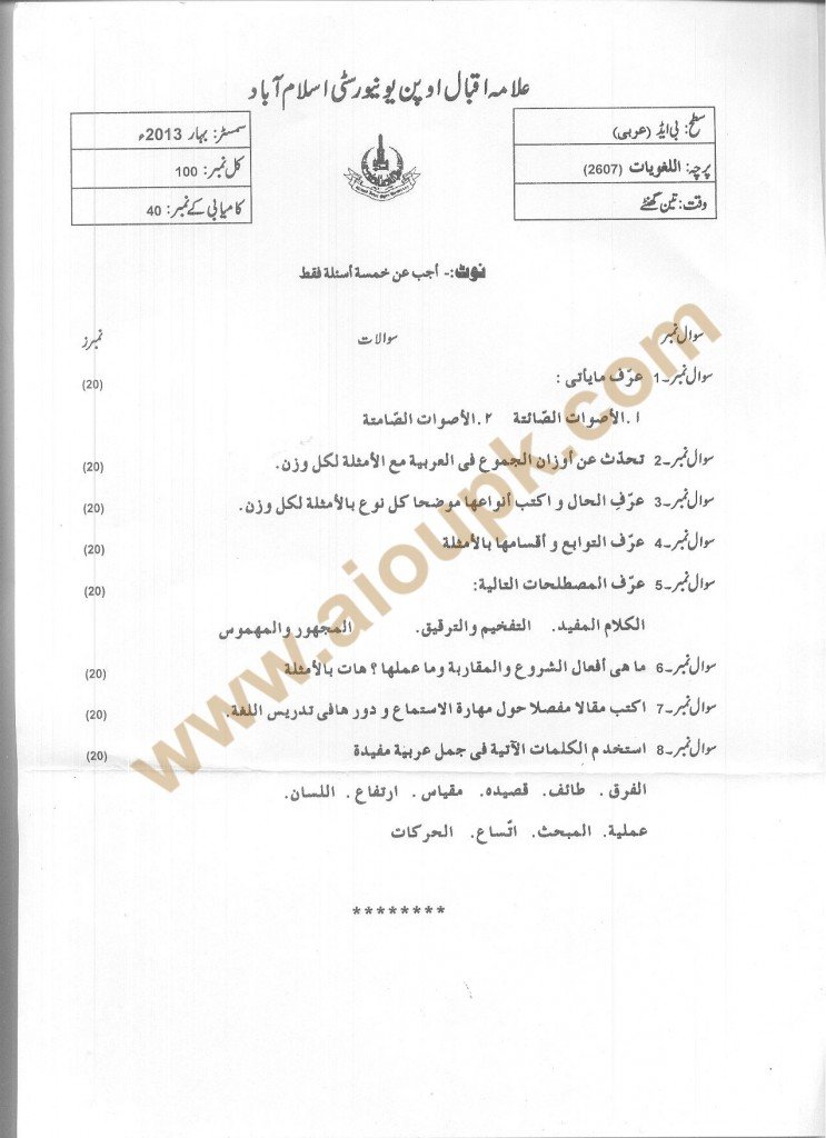 Code 2607 AIOU Old Paper Linguistics Spring 2013 BA 