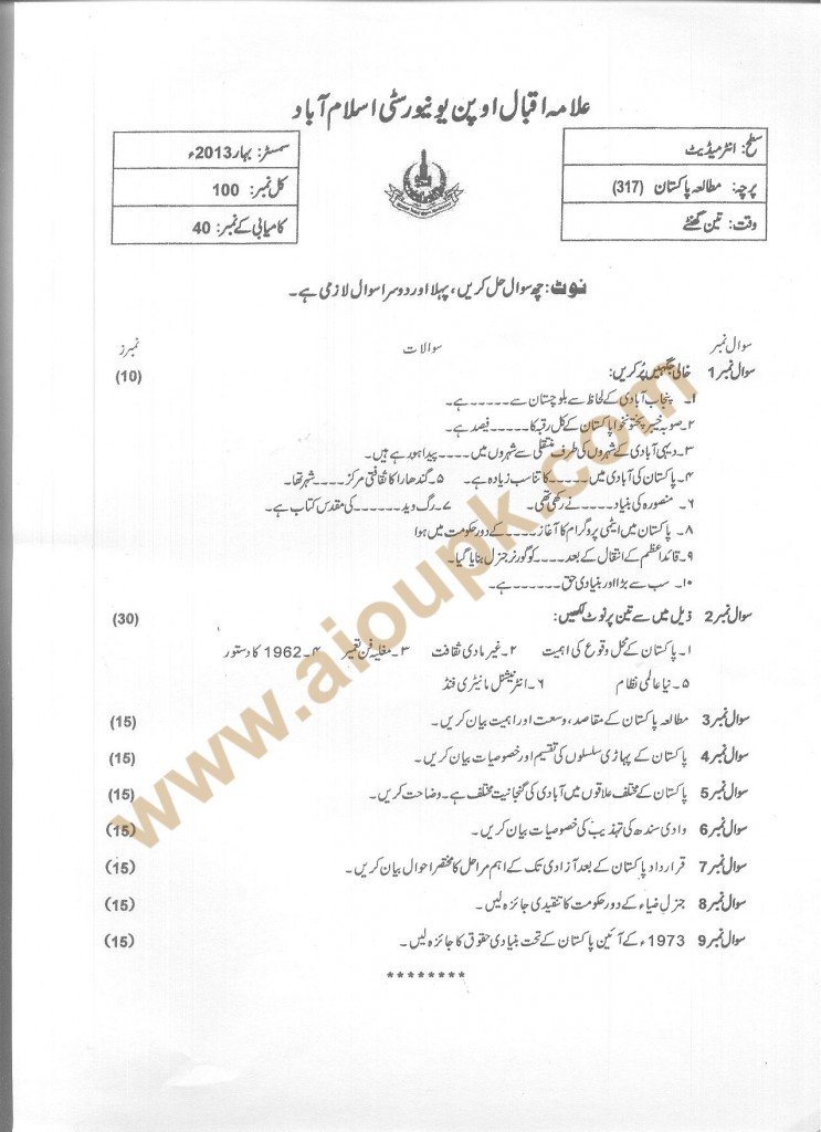Code 317 AIOU Old Paper Pakistan Studies Compulsory Spring 2013 FA