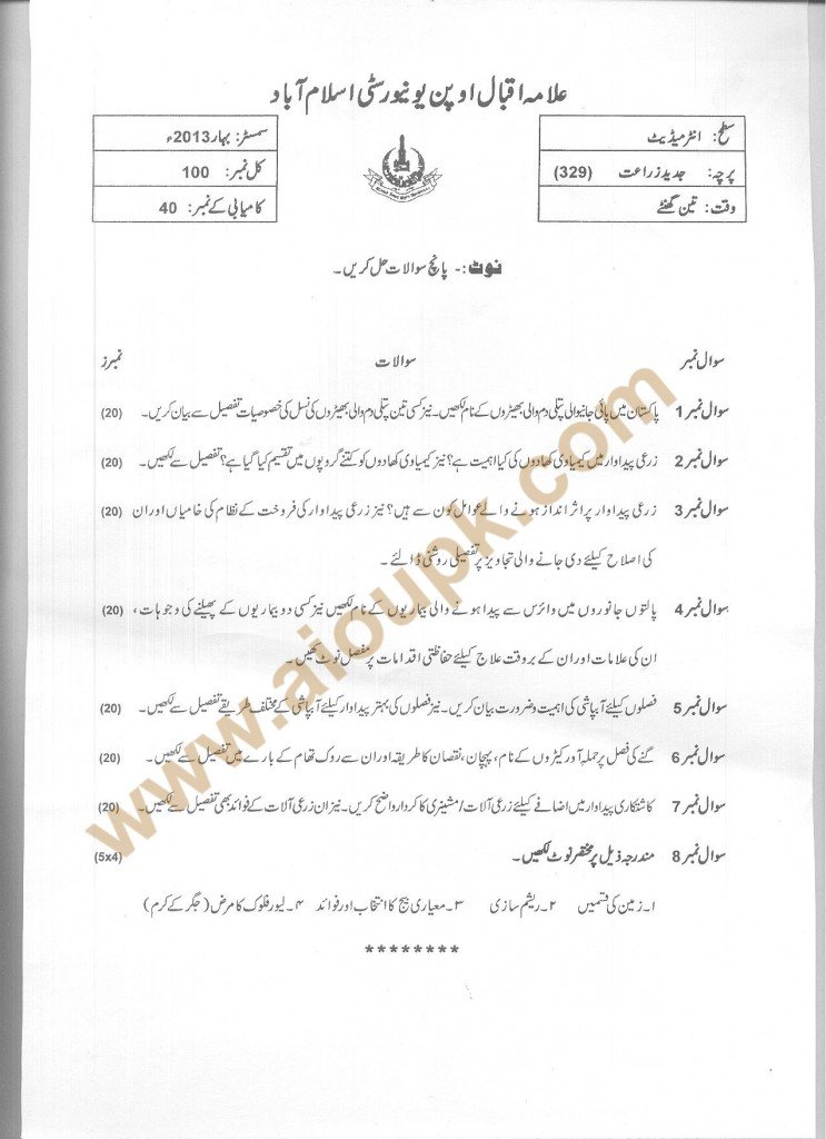 Code No 329 AIOU Old Paper Advanced Agriculture FA Spring 2013