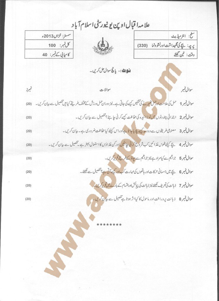 Child Care and Development Code 330 AIOU Old Paper 2015