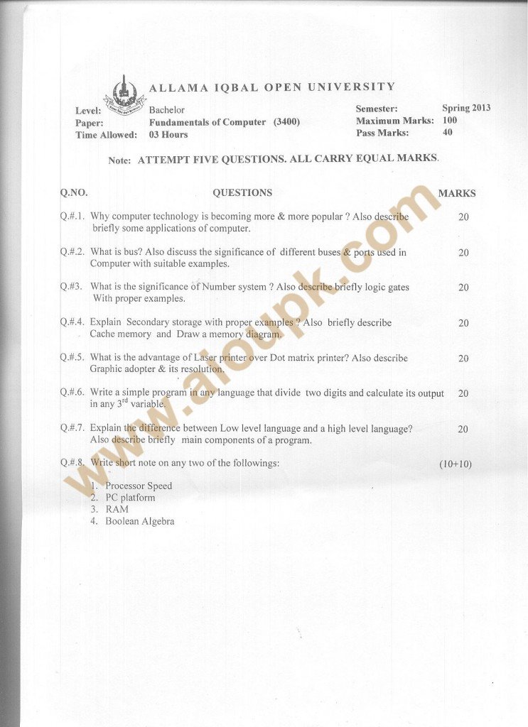 Code 3400 AIOU Old Paper BSCS - Spring 2013