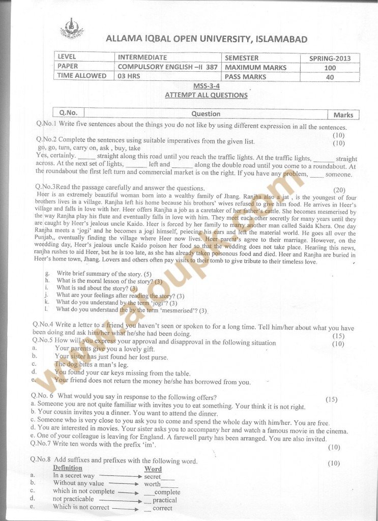 Code No 387 - AIOU Old Paper Compulsory English-II