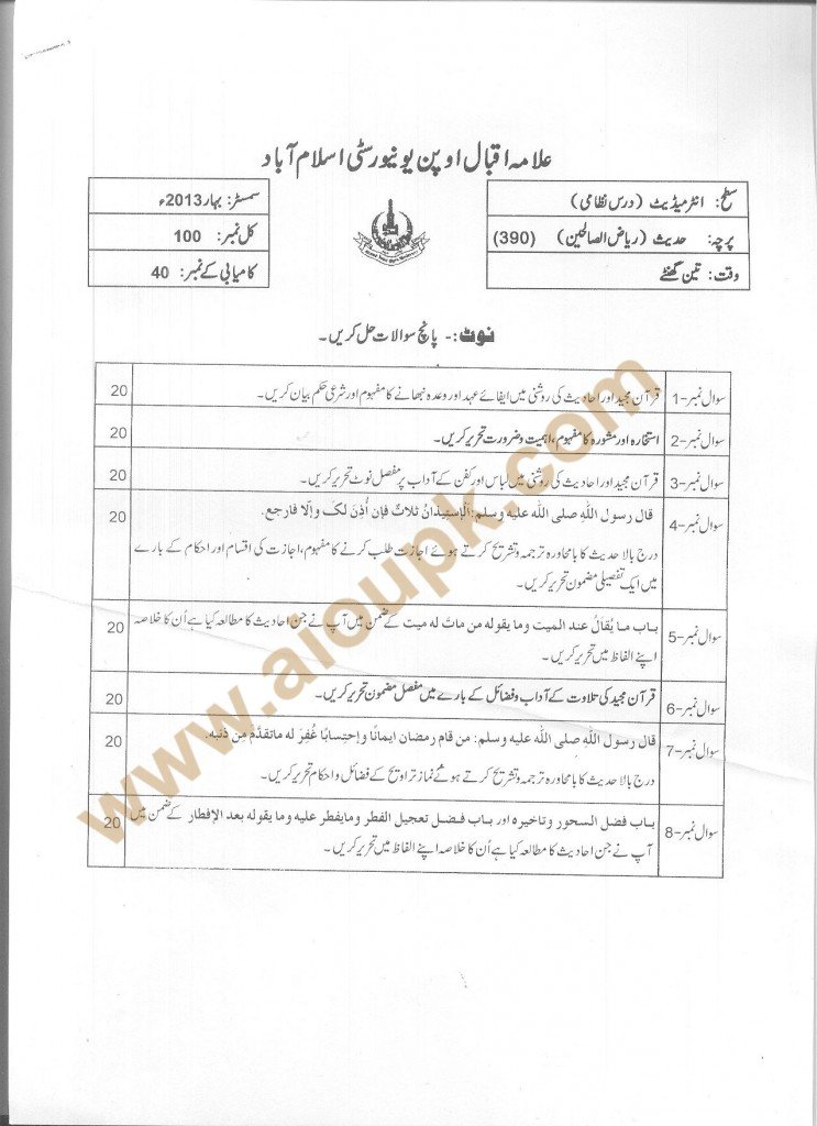 Code No 390 AIOU Old Paper Hadith