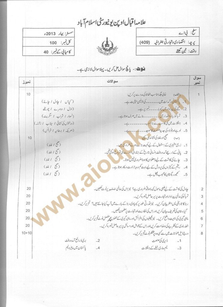 Commercial Geography Code 409 AIOU Old paper BA