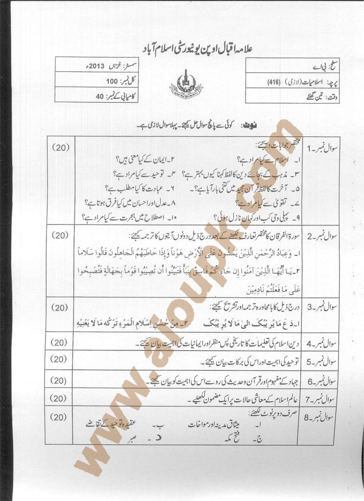 AIOU Old Paper Code 416 Islamic Studies Compulsory 2015