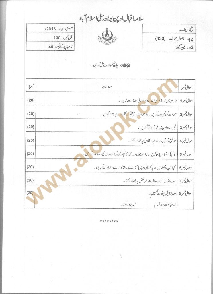Code 430 AIOU Uiversity old papers Principles of Journalism BA Spring 2013