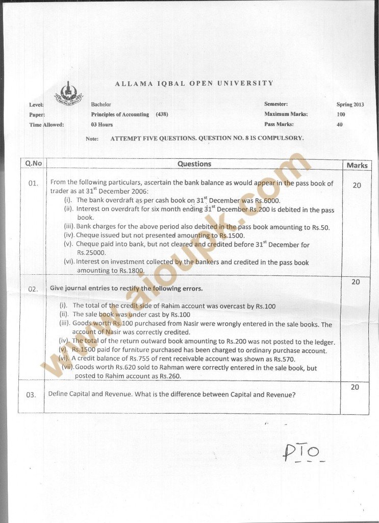 Code 438 -a AIOU Old Paper Principles of Accounting